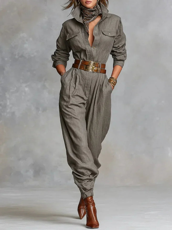Woman wearing a soft belted knit jumpsuit